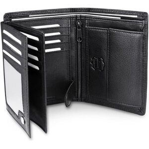 Mens Black Nappa Genuine Leather Wallet Trifold Large Capacity Gift for Men Him